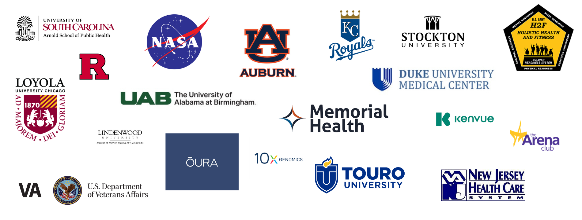 Logos depicting where alumni went after graduating. The logos include University of South Carolina, NASA, Auburn, Stockton, Duke University Medical Center, Loyola, KC Royals, US Department of Veterans Affairs, OURA, Lindenwood University, Rutgers, The University of Alabama Birmingham, 10x Genomix, Touro University, Memorial Health, Kenvue, The Arena Club, Holistic Health and Fitness, and The New Jersey Healthcare System